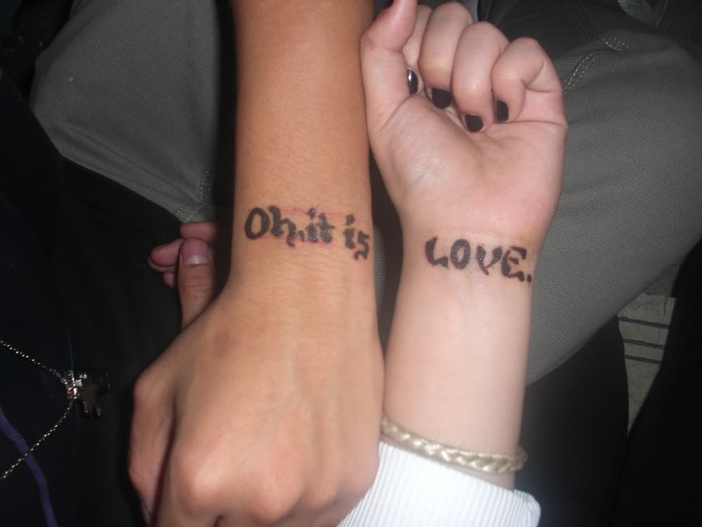 Tattoo : Love  Text Design in 2 Hand