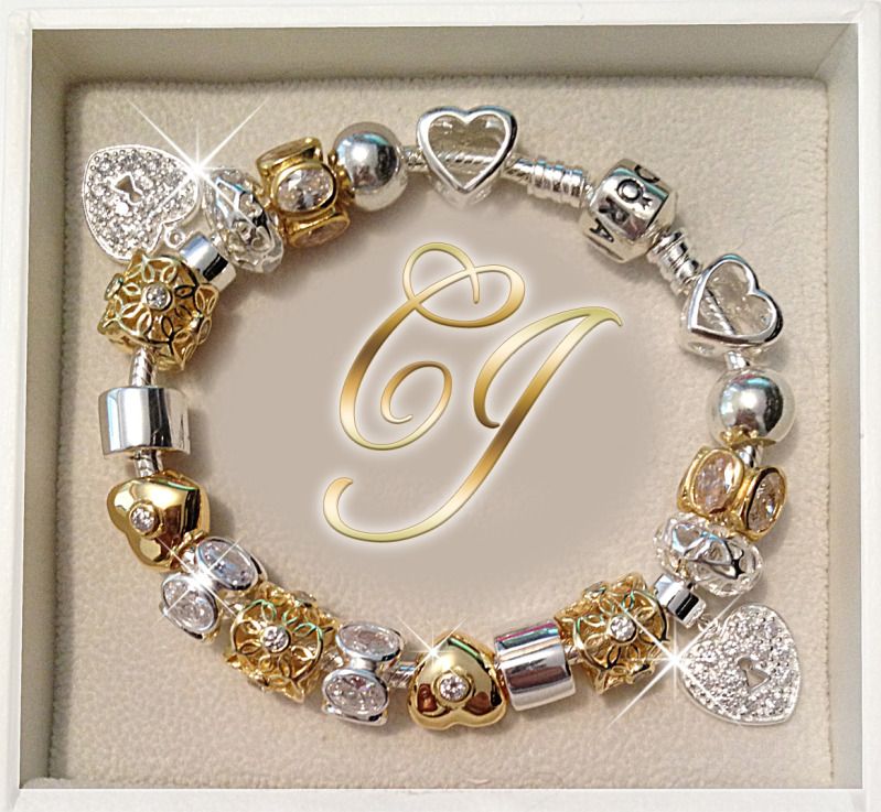 ... PANDORA Sterling Silver Bracelet + Gold Clear White European Charms
